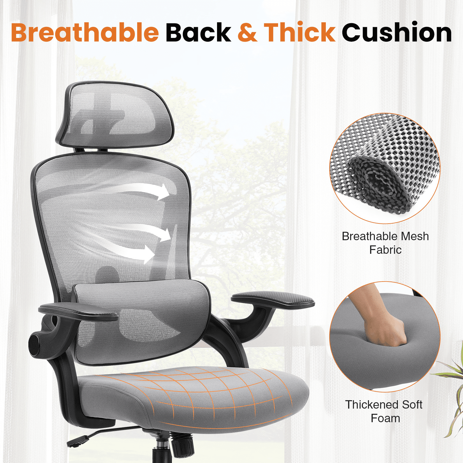 MAYEERTY High Back Desk Chair with Adjustable Lumbar Support & Headrest,Comfortable Mesh Computer Chair with Soft Flip Up Arms, Adjustable Height and 120°Tilt