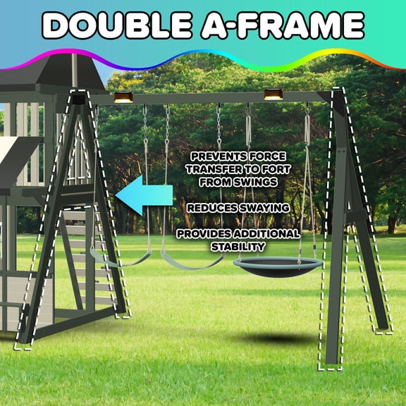 Sportspower Ladera Solar Wooden Swing Set with Clubhouse, Deck Lights, 2 Belt Swings, 2-Person Saucer Swing, 8ft Slide, Climbing Wall, & Bench/Table, FREE Anchors Included