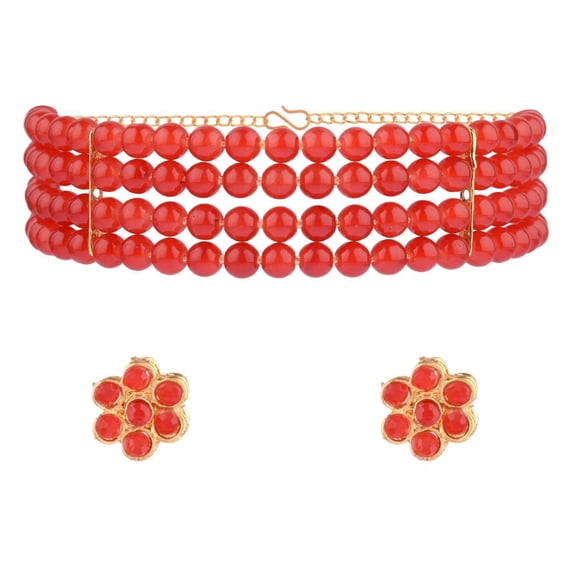 Efulgenz Beaded Choker Necklace Earrings Faux Pearl Bridal Necklace Set for Women Red Multi Layered Stranded Necklace and Stud Earrings Set Indian Jewelry Sets for Wedding Party Bridesmaid Gift