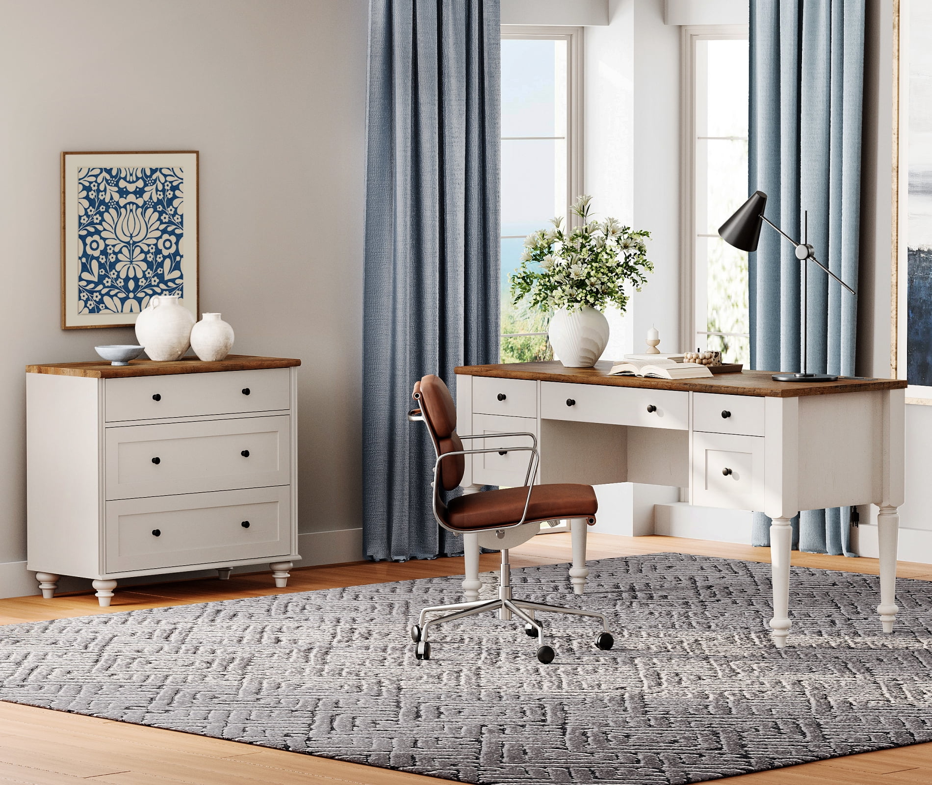 White Home Office Furniture Set, 56" Executive Desk with Charging Station, Farmhouse Cabinet with 3 Wooden Drawers, Wood Computer Desk with File Cabinet Storage, Open Shelf