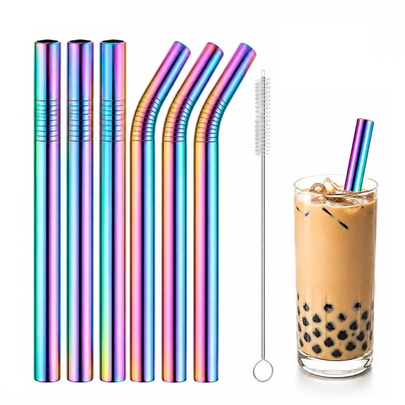 6 pack Reusable Stainless Steel Smoothie Straws, Extra Wide Metal Drinking Straws for Milkshakes, Bubble Tea,boba straws 12 mm x 9 inch with 1 Cleaning Brush(Rainbow)