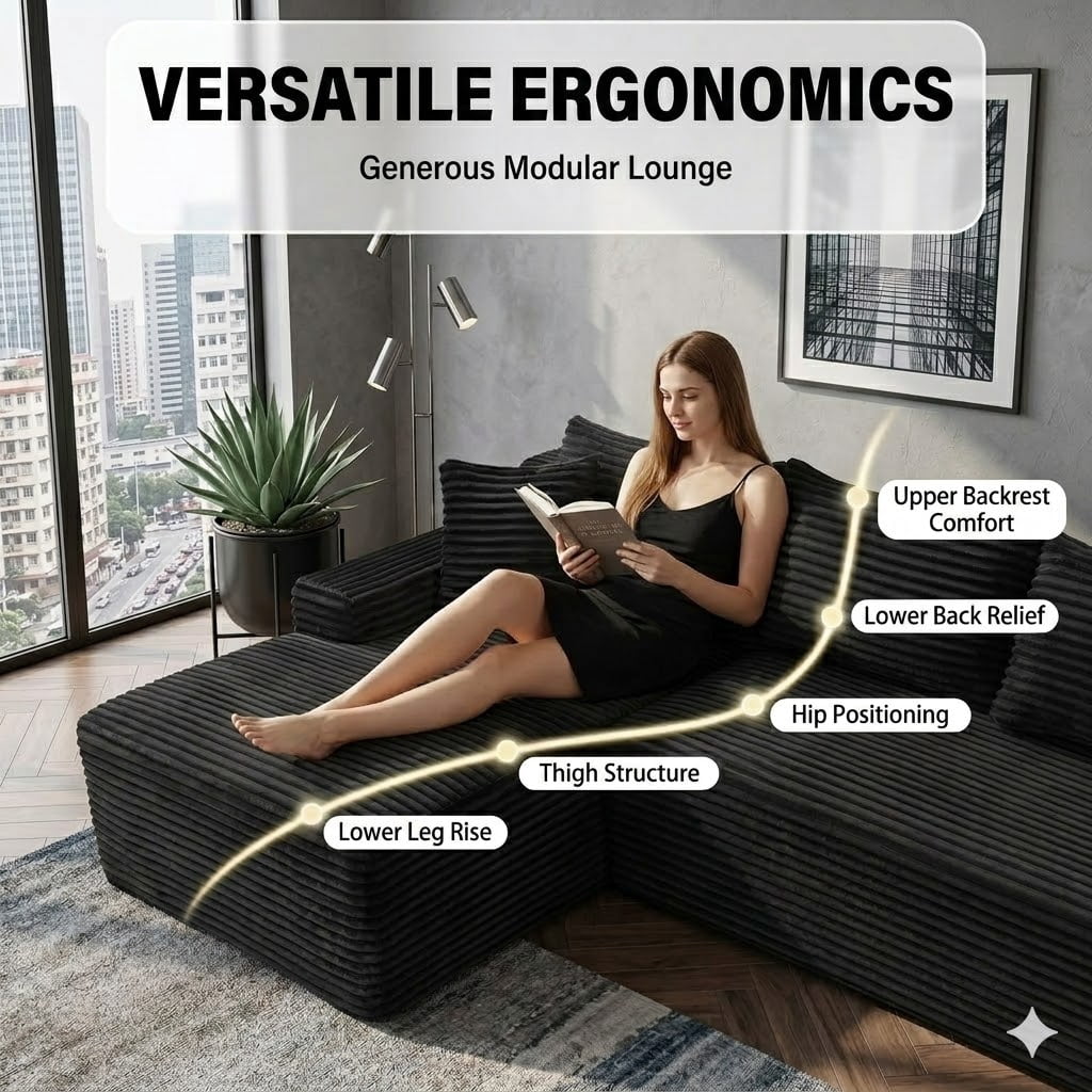 Howcool Boneless Sectional Sofa, L-Shaped Cloud Couch with Left-Facing Chaise, Deep Seat Memory Foam Modular Sofa for Living Room, Black