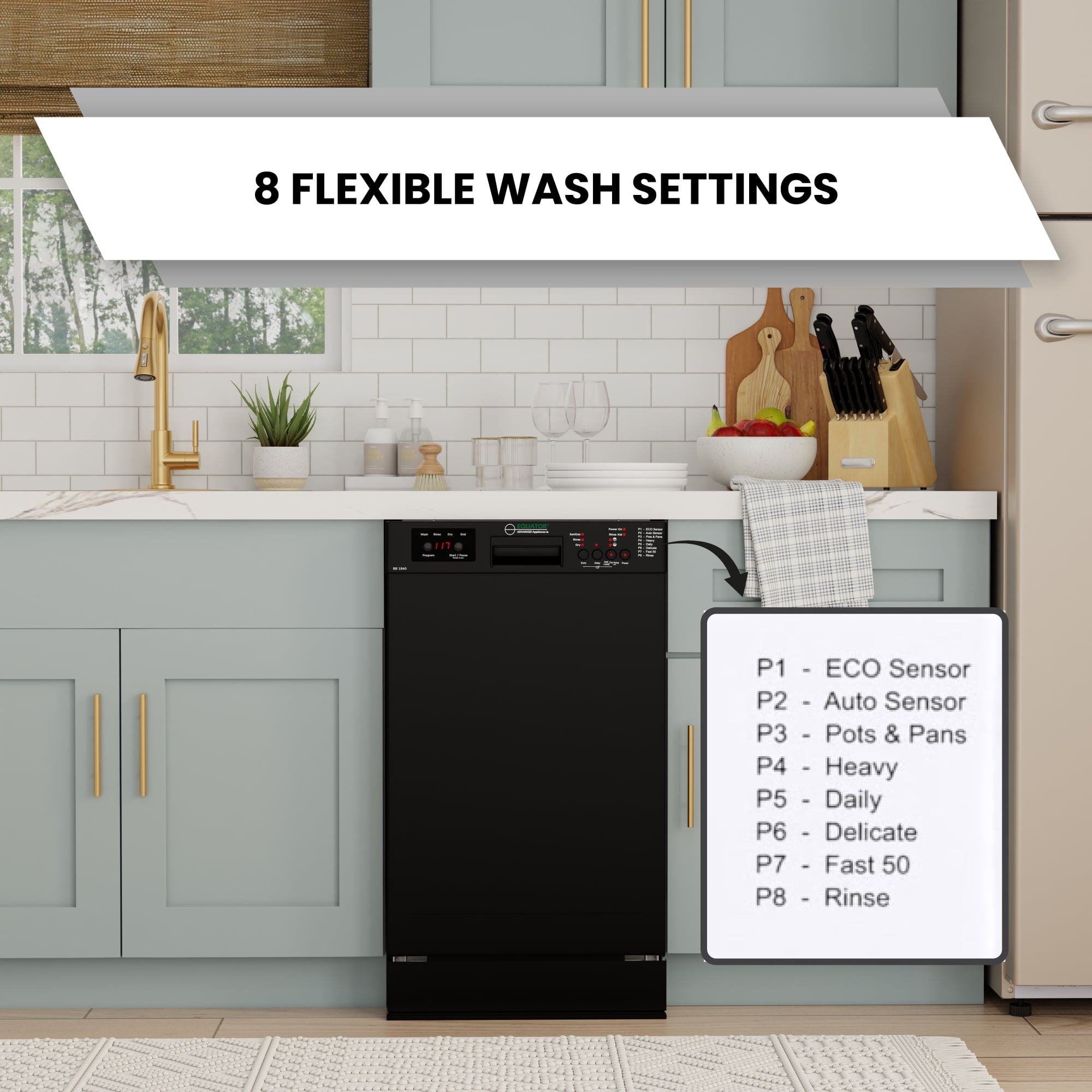 Equator 18" Front control Dishwasher Front control 10 place Wine Rack 8 Wash Sensor Wash Sanitize Delay1/2Load 110V E-Star ADA