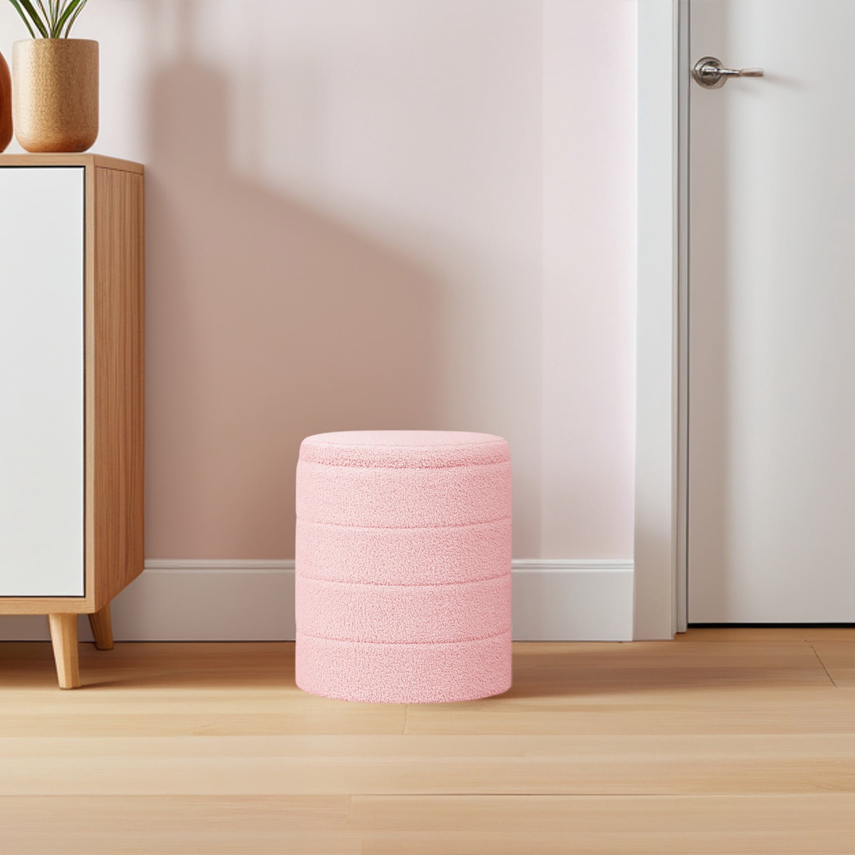 B FSOBEIIALEO 14.6inch Collapsible Storage Ottoman Round with Tray Teddy Fabric Living Room Bedroom Ottoman with Storage(Pink)