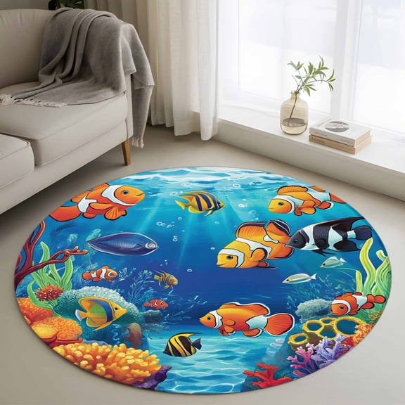 Ocean Coral Fish Round Area Rug 4 FT, Non Slip Indoor Outdoor Rug, Colorful Underwater World Seagrass Washable Soft Circular Carpet Non-Shedding Floor Mat for Coffee Table Nursery Foyer Balcony