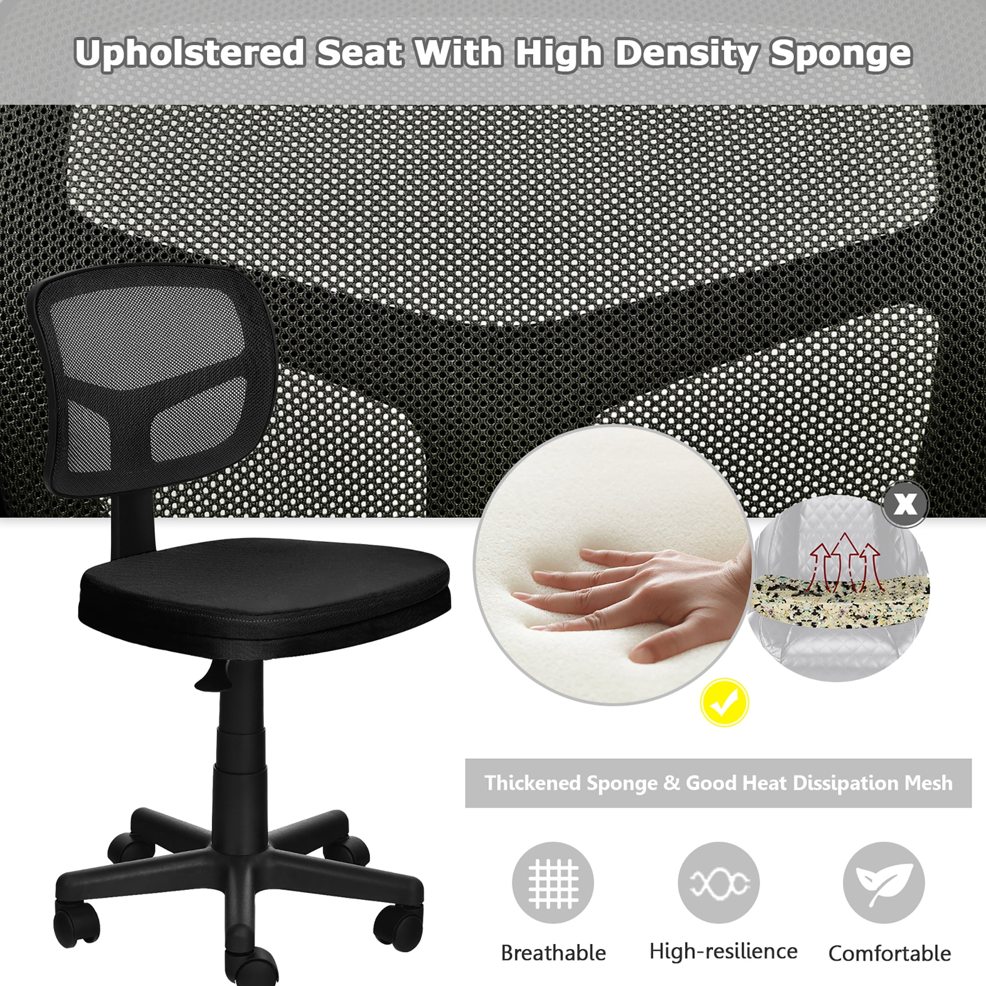 Costway Armless Office Chair Adjustable Swivel Computer Mesh Desk Chair Black