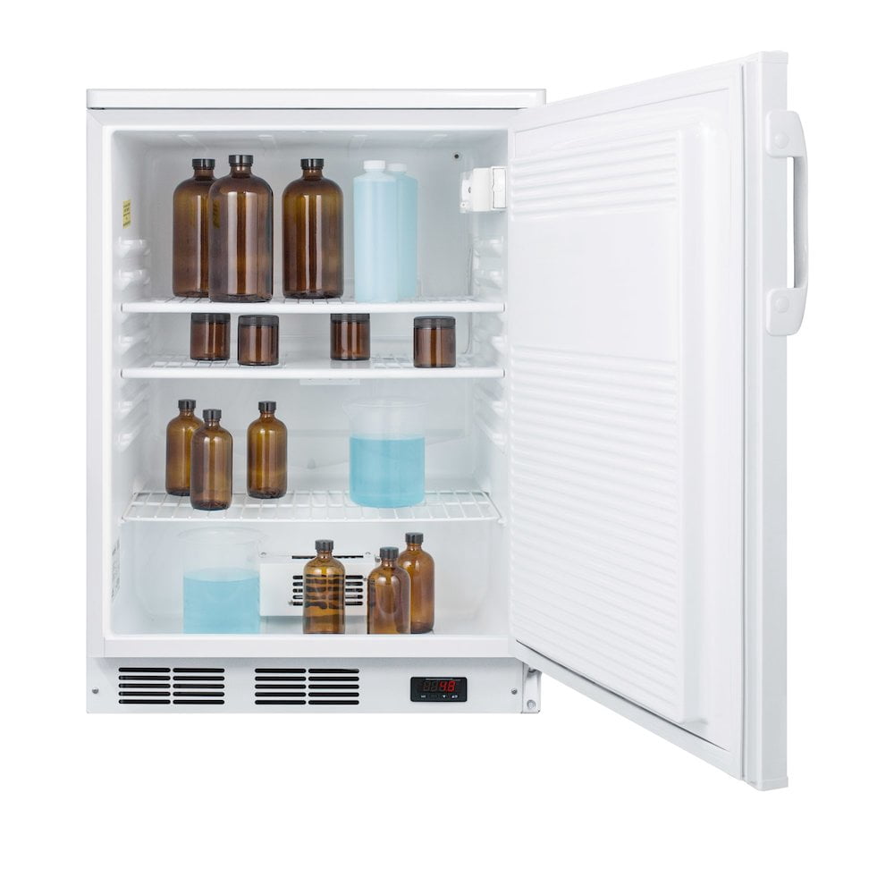24" wide auto defrost commercial all-refrigerator with lock, digital thermostat, internal fan, and access port for user-provided monitoring equipment