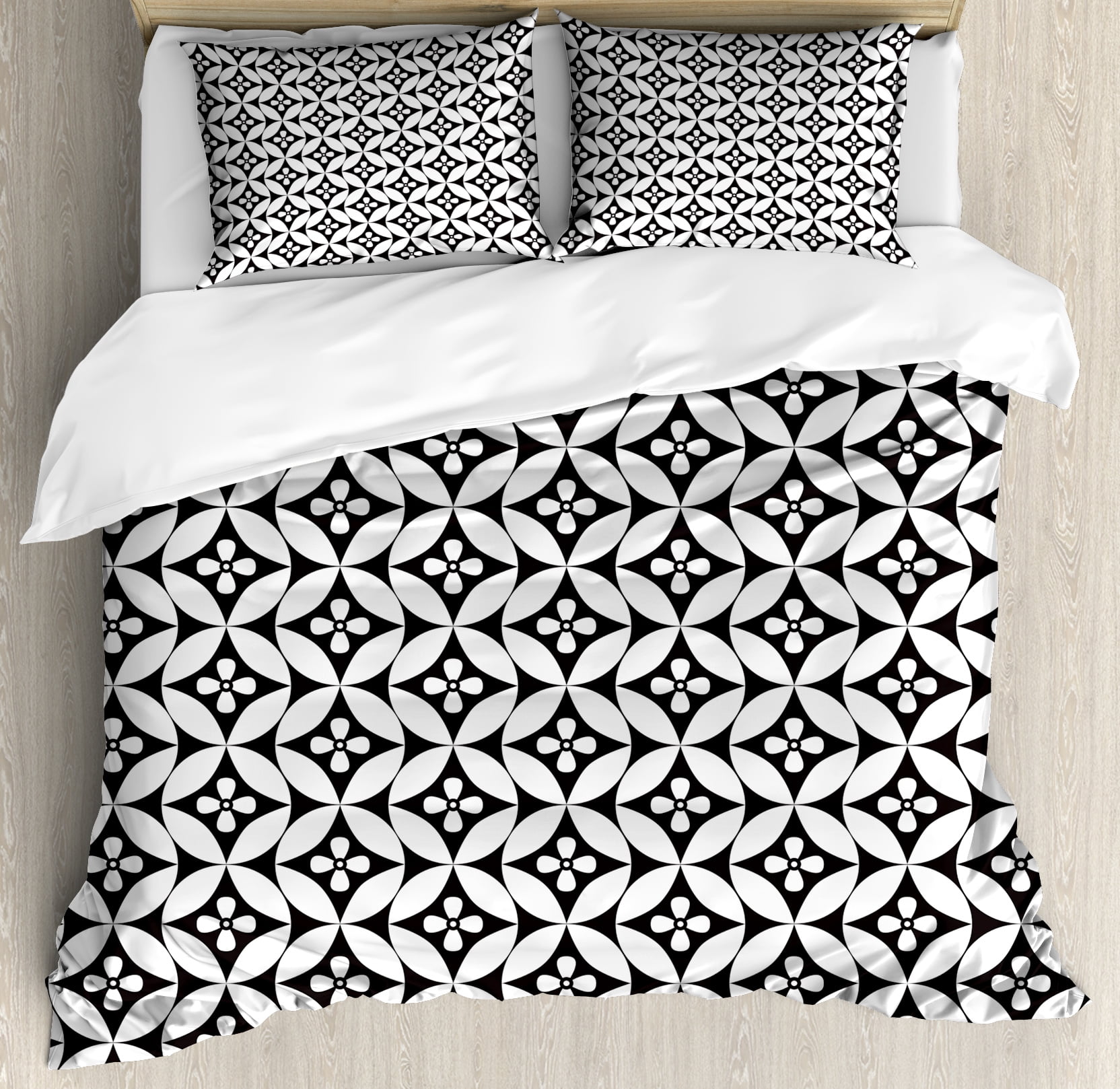 Black and White Queen Size Duvet Cover Set, Mosaic of Floral Circles