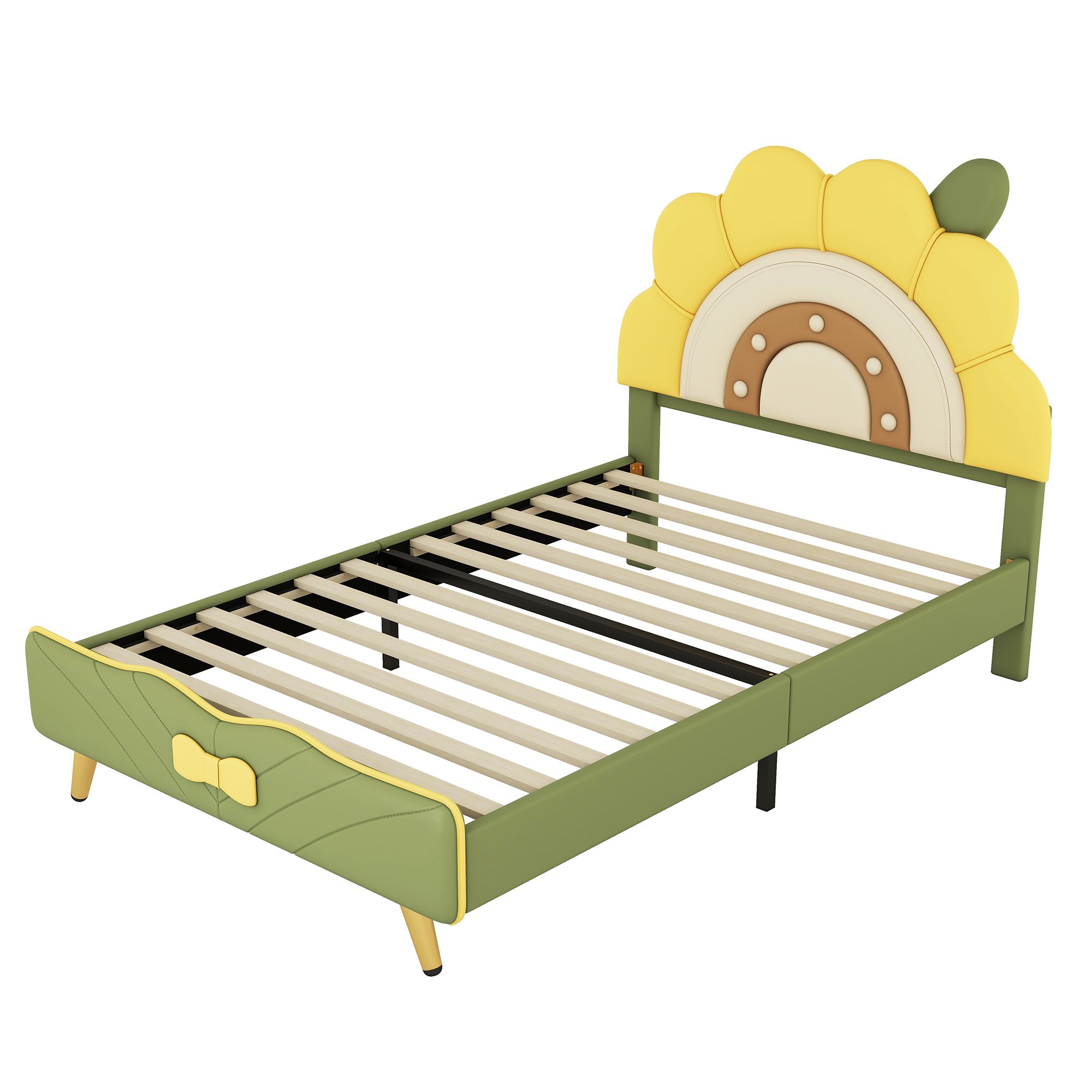 Aukfa Twin Upholstered Bed Frame, Cartoon Bed with Sunflower Shape Headboard for Kids, Green