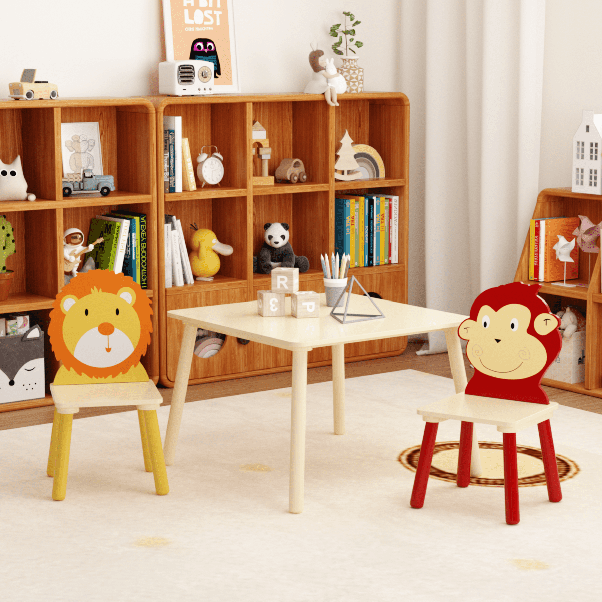 3 Piece Wood Table & Chair Set for Age 2-6 Kids, Drawing or Activity Play Wooden Table and 2 Chairs Set,2 Animals pattern (Lion & Monkey) Chairs for Nursery, Kindergarden