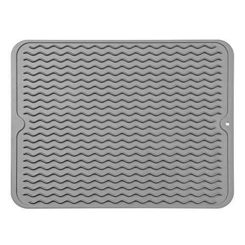 Silicone Dish Drying Mat for Multiple Usage,Easy clean,Eco-friendly,Heat-resistant Silicone Mat for Kitchen Counter or Sink,Refrigerator or drawer liner Grey L 16 inches x 12 inches