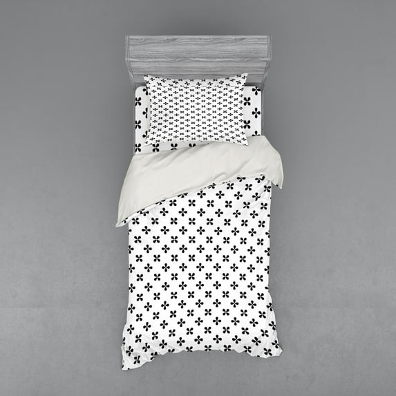 Floral Duvet Cover Set, Simple Clover Petals in Monochrome Minimalist Tones Modern Geometric, Bedding Set with Shams and Fitted Sheet, 3 Sizes, by Ambesonne