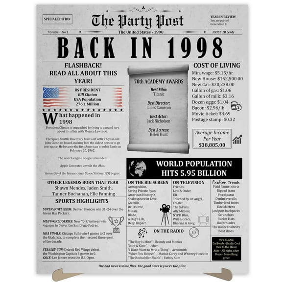 26th Birthday Party Decorations Poster - 26 Years Ago Anniversary Card for Women and Men. Back In 1998 Home Decor Supplies for Her or Him Turning 26 Years Old. 11 x 14 In Birthday Retro Card