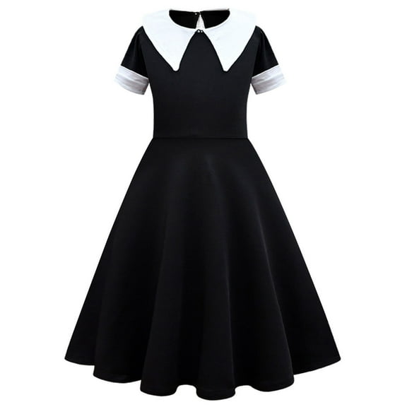 Girls Black Halloween Peter Pan Collar Dress Wednesday Cosplay Dress Up Suit