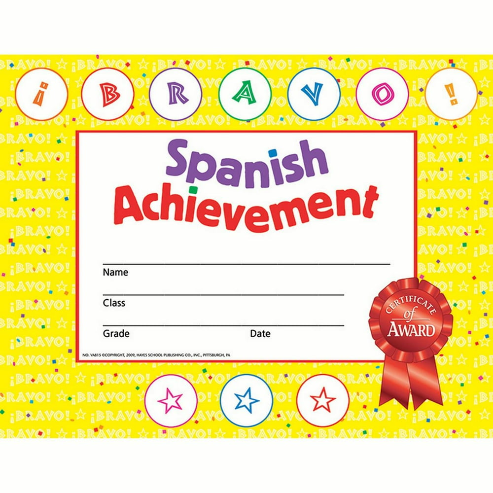Hayes Spanish Achievement SticktoIt Reward Certificate, 81/2 x 11