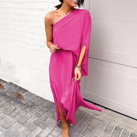 Nuoqisi Women's Summer Fashion One Shoulder Sleeveless Solid Asymmetric Slit Dress - Trendy Design with Unique Neckline for Special Events, Parties and Bold Fashion Choices