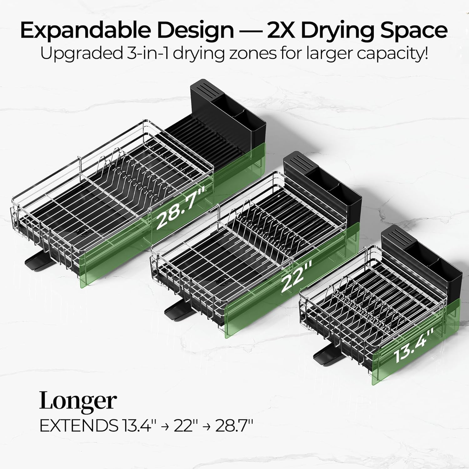 Large Dish Drying Rack, Expandable Dish Rack, Stainless Steel Anti-Rust Dish Racks for Kitchen Counter, Multifunctional Dish Drainer with Utensil Holder & Cup Holder, 13.4"-28.7" L x 11.8" W