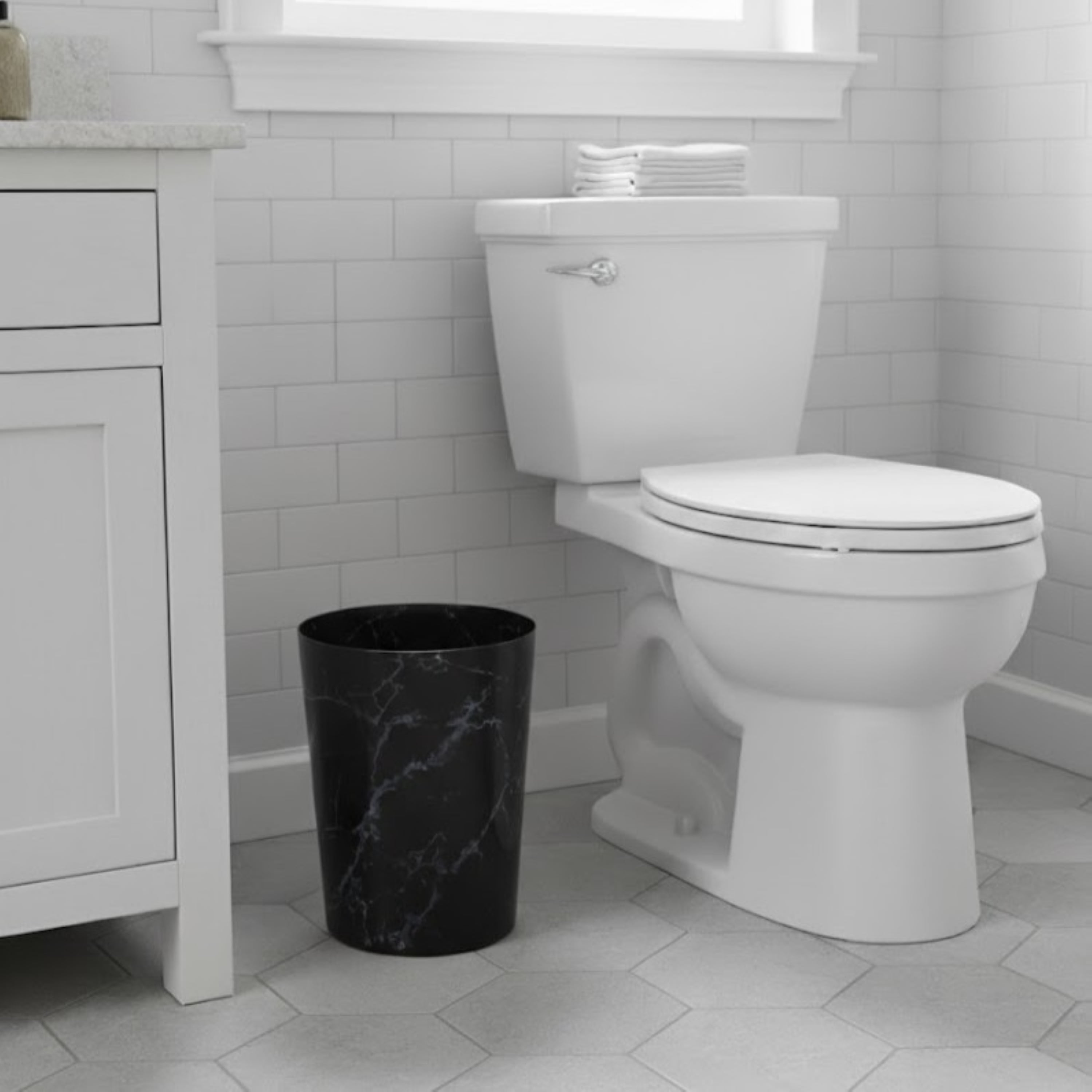 Mainstays Bathroom Trash Can, 5 Gallon Small Plastic Garbage Bin with No Lid, Black Marble