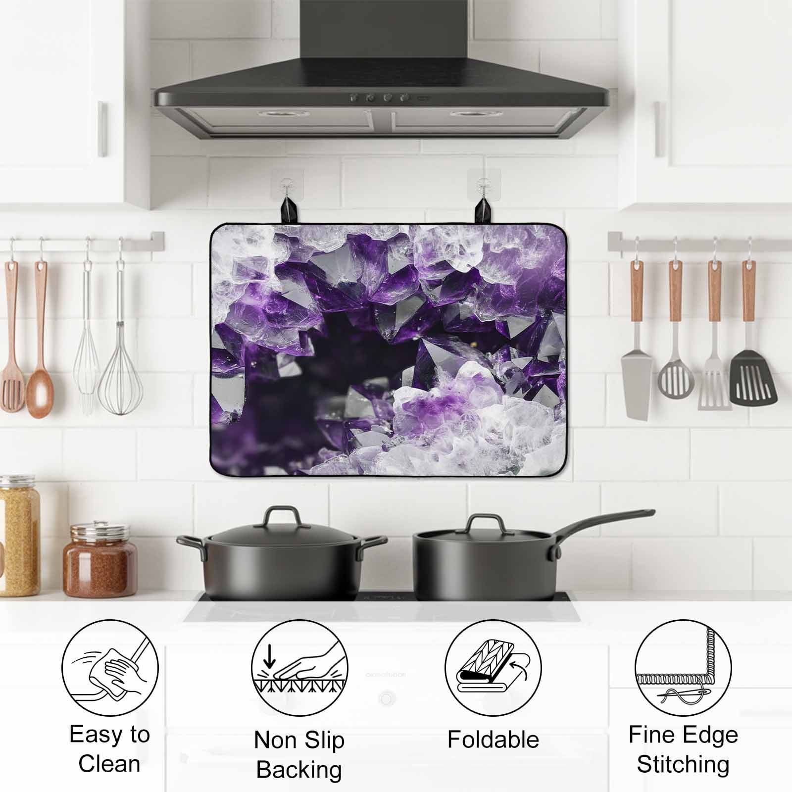 Purple Black Geometric Stove Top Cover for Electric Stove, Heat-proof & Non Slip Glass Top Stove Cover Protector, Modern Abstract Crystals Artwork Kitchen Flat Cooktop Rubber Mat 24x21 Inches
