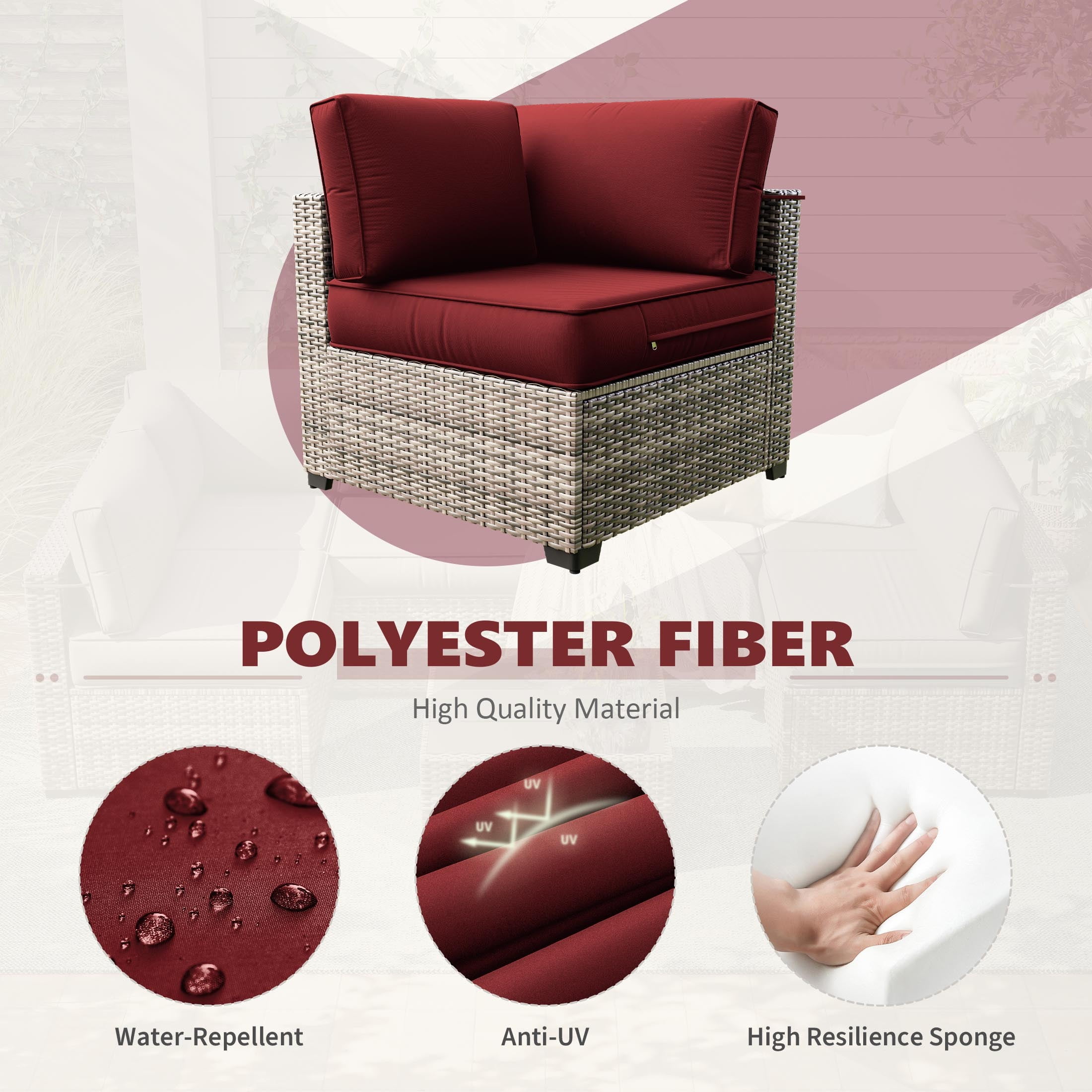 Snubbull 6-Seat Sectional Outdoor Patio Replacement Cushions Set, 25.5" x 25.5", 5" Foam High-Density, 14-Piece Water-Resistant Outdoor Cushion for Patio Conversation Sets, Liner&Cover, Burgundy