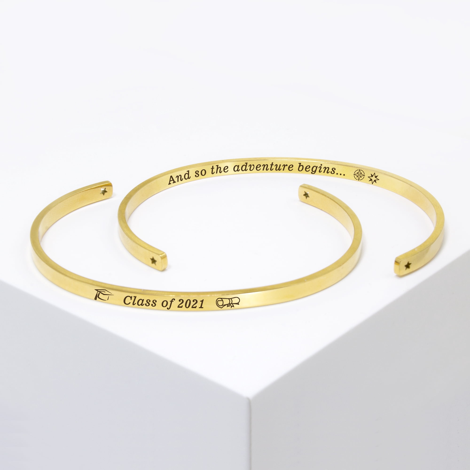"And so the adventure begins…" Gold Stainless Steel Graduation Theme Hidden Message Gift for Her Cuff Bracelet with Gift Set