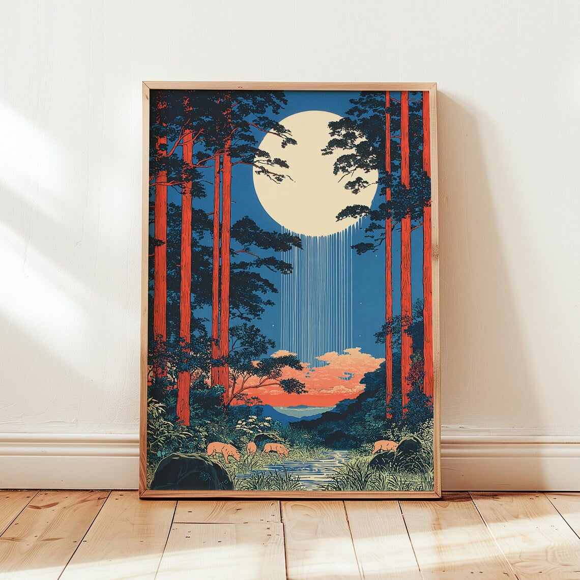 Forest Moon Poster Japanese Landscape Art Night Nature Illustration Scenic Wall Decor