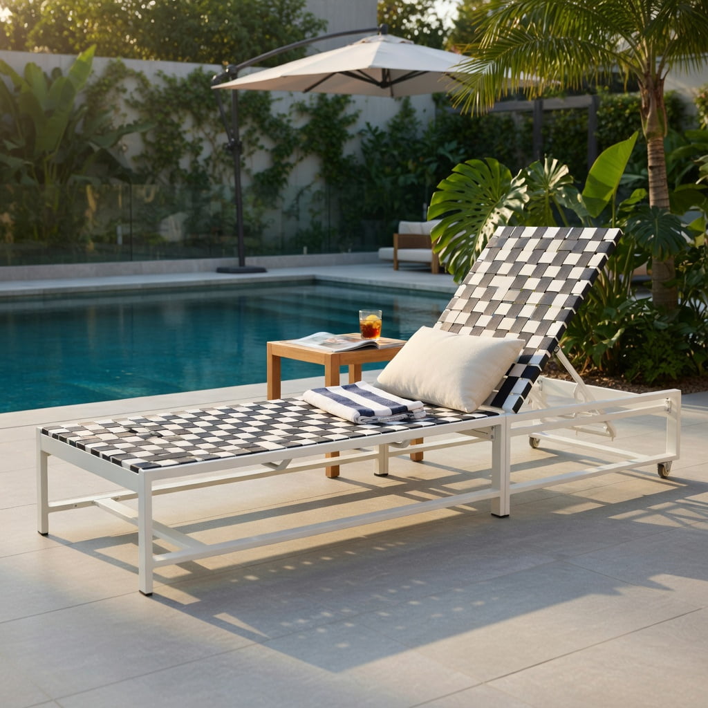 Hommoo Adjustable Outdoor Reclining Chaise Lounge Chair with Wheels, Steel Frame Patio Lounger for Deck, Backyard, Poolside, Black & White