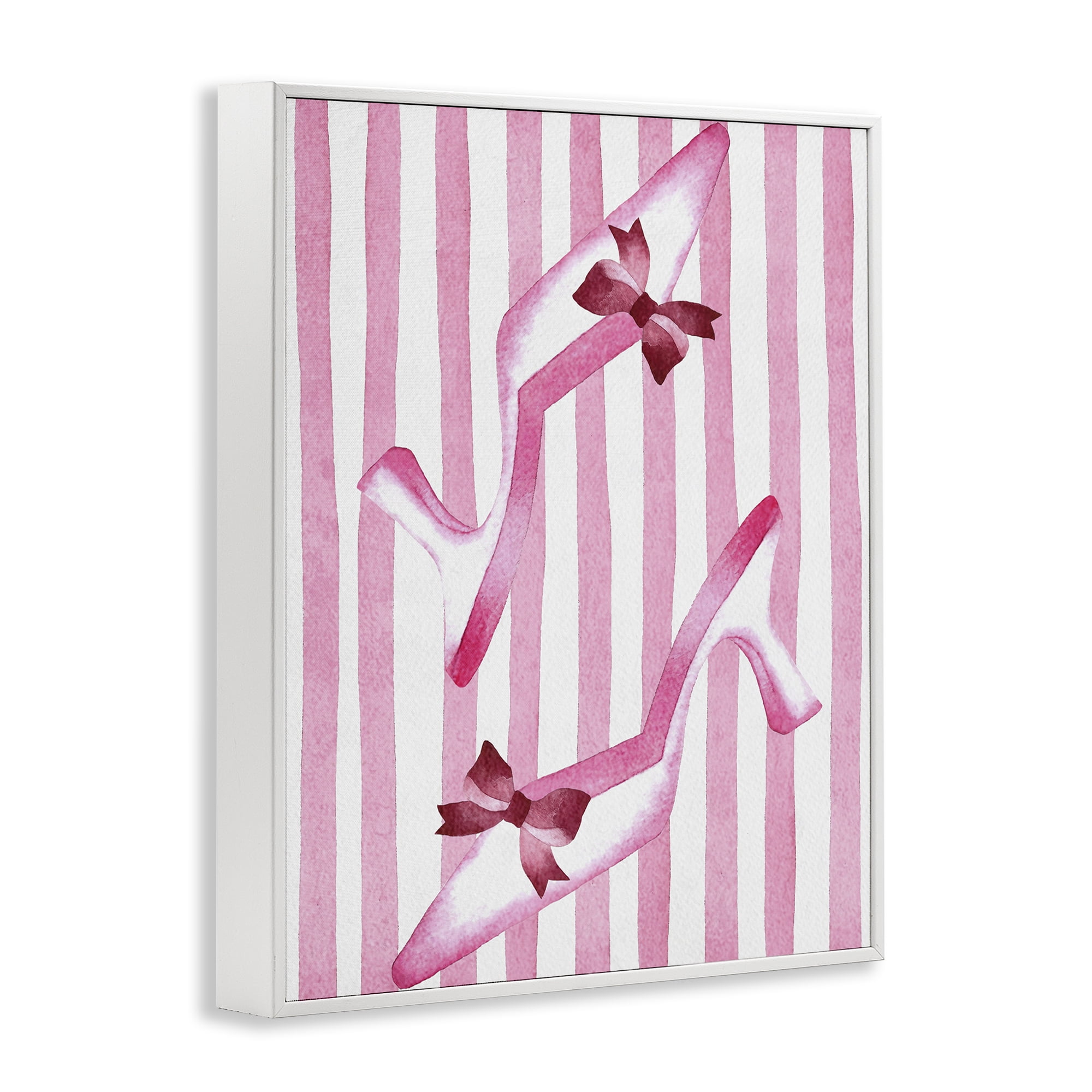 Stupell Industries Bow Heels on Pink Stripes White Framed Giclee Art, design by Camila Juncos