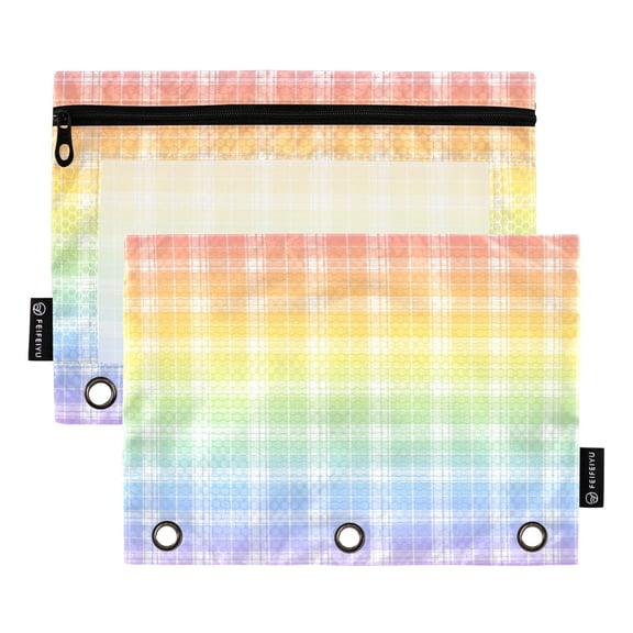 2 Pack 3 Ring Binder Pouch with Clear PVC Window Water Resistant Zipper Pencil Pouch Rainbow Ombre Plaid Design Binder Pocket for Classroom Office Home Stationery Organization
