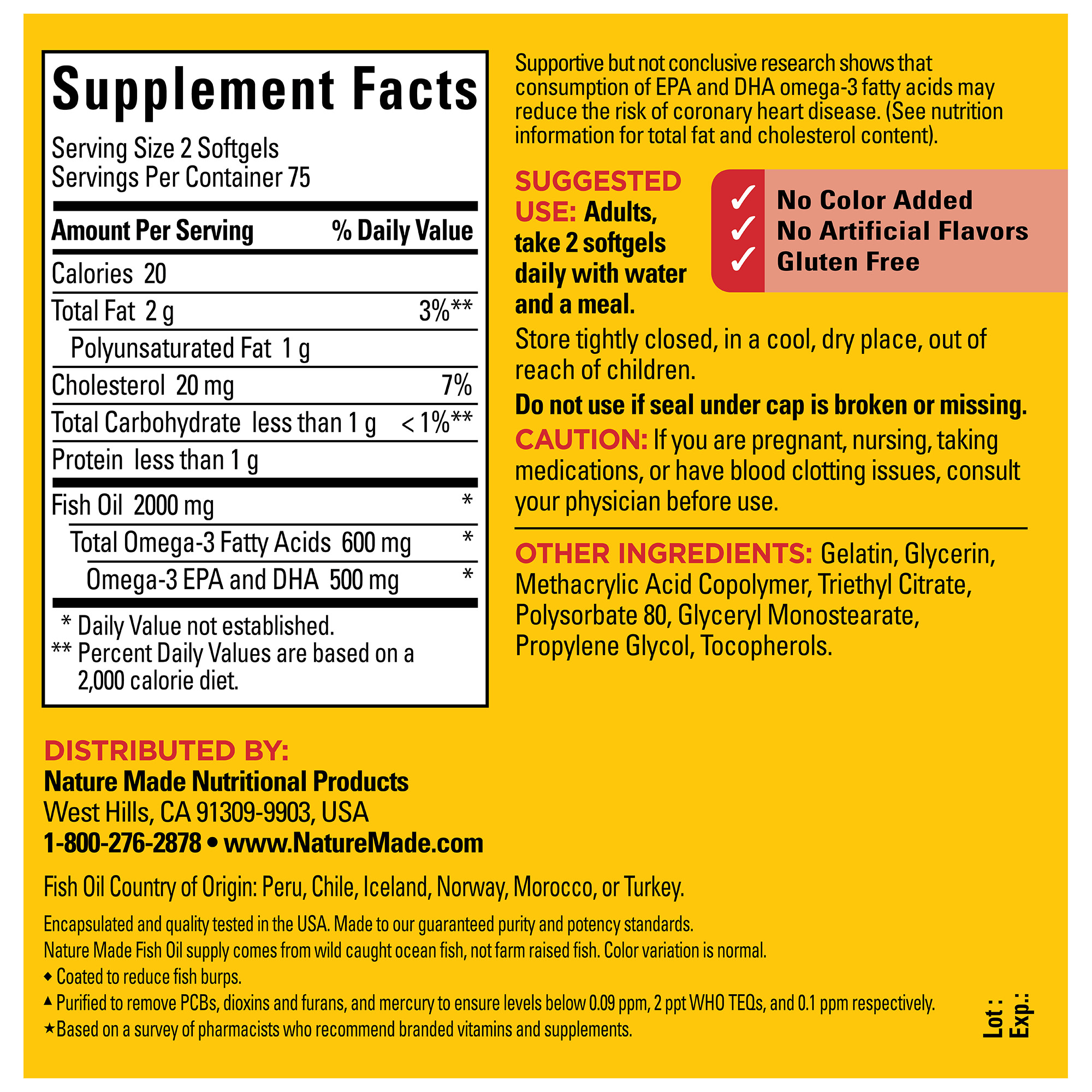 Nature Made Burp Less Fish Oil 2000 mg Per Serving Softgels, Omega 3 Fish Oil Supplements, 150 Count