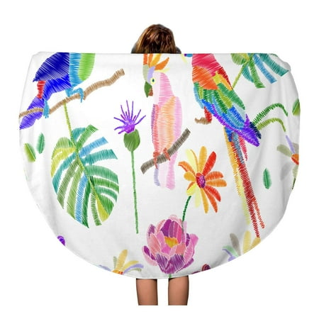 Embroidered Beach Towels SIDONKU 60 inch Round Beach Towel Blanket Colorful Tropical Birds Nd Plants on Pattern Embroidered Green Travel Circle Circular Towels Mat Tapestry Beach Throw ()