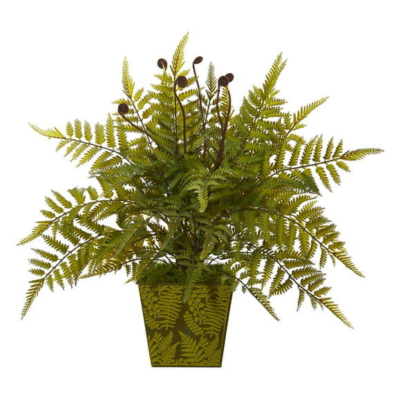 Nearly Natural 19" Green Plastic Fern Artificial Plant in Green Planter