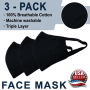 3 Pack Face Mask Black Three Layer 100% Cotton Unisex Mask ,Washable, Reusable, Breathable, *US SELLER*