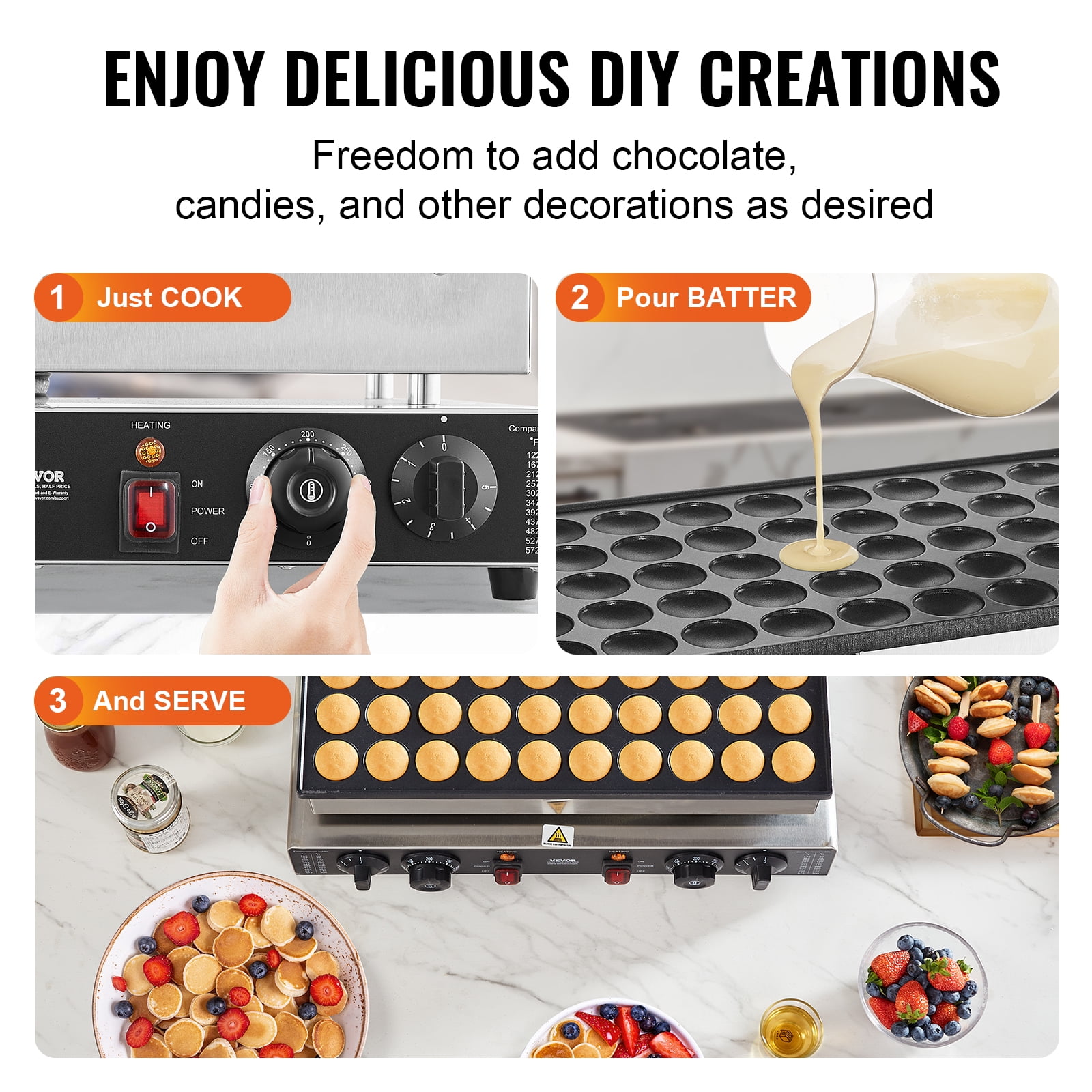 VEVOR Mini Dutch Pancake Maker, 50PCS 43mm Diameter Dorayaki Baker Machine, 1700W Commercial Electric Poffertjes Grill, Non-stick Stainless Steel, Dual Temp & Time Control, Home Kitchen Restaurant