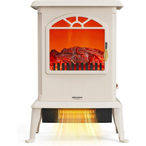 HOMEZY-US 22.4”H Electric Fireplace Stove w/Realistic Flame Effect, Infrared Quartz Freestanding Heater for Indoor, w/Overheat Protection, 2 Heat Settings 1000W/1500W, ETL Certified, Ivory