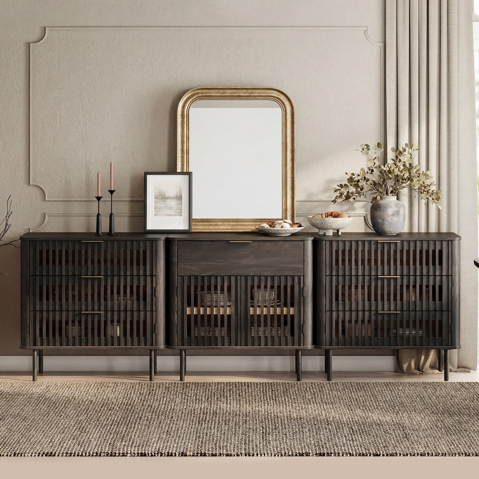 94.5 Inch Large Fluted Buffet Cabinet Sideboard with Storage, Pop-Up Doors & Adjustable Shelf, Wood Modern Accent Coffee Bar Console Table with Drawers for Kitchen, Living Room, Black