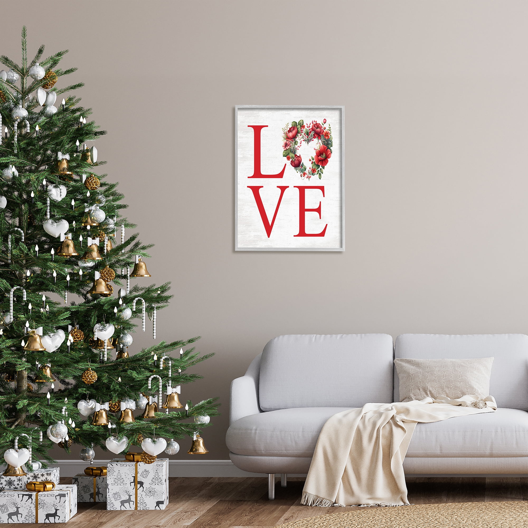 Stupell Industries Love with Heart Wreath Botanical & Floral Painting Gray Framed Art Print Wall Art, 24 x 30