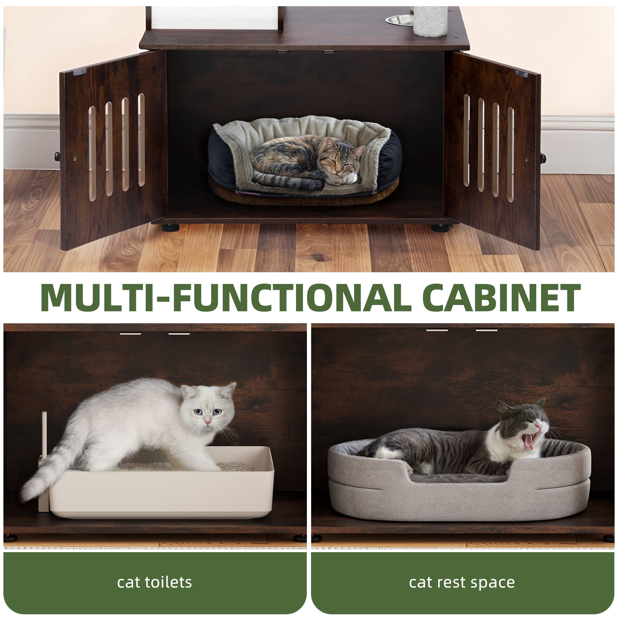 Uforic 2-in-1 Cat Tree with Litter Box Enclosure,59" Modern Cat Condo with Scratching Posts & Hammocks, Rustic Brown