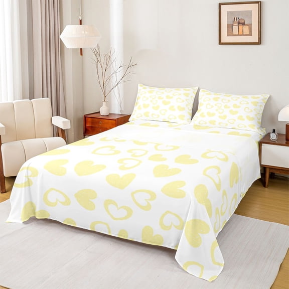 Feelyou Cute Love Heart Twin Sheet Sets for Kid, Chic Abstract Yellow Twin Fitted Sheet, Modern Fashion Cartoon Flat Sheet, Super Cozy Room Decor, 3-Piece