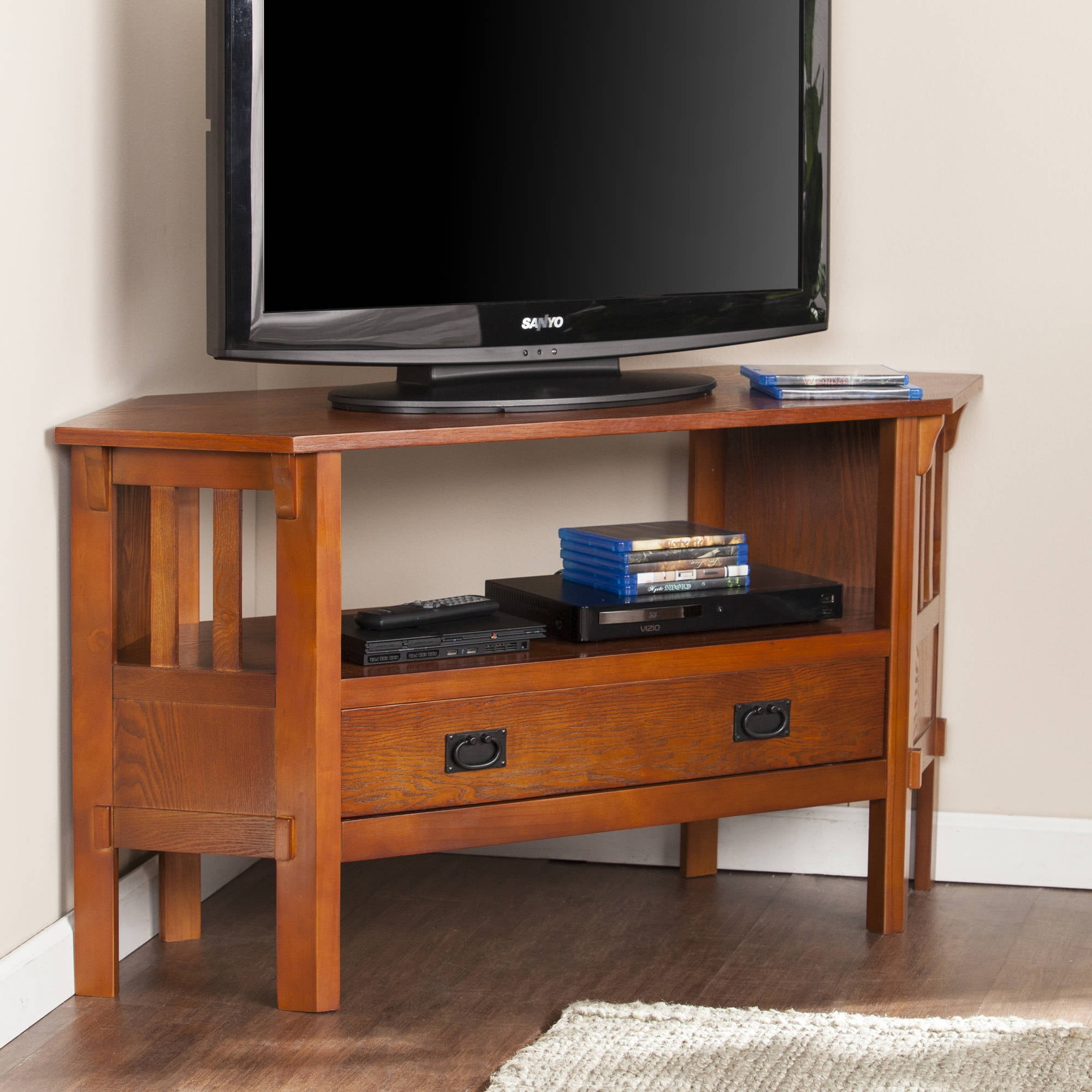Carada Corner Media Stand, Brown Mahogany