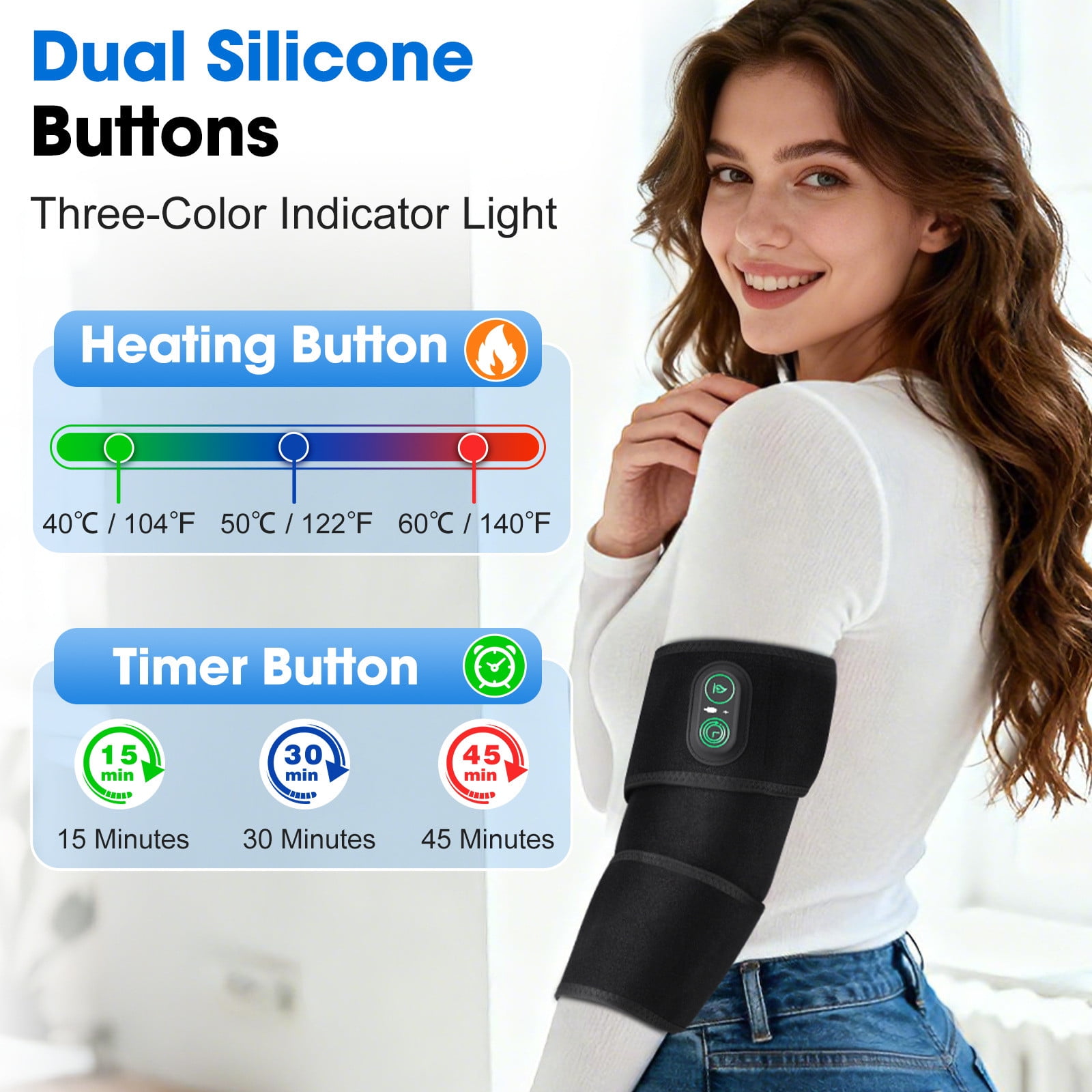 Red Light Therapy Heating Strap with 108 LEDs, Phototherapy Vibration Massage Band for Wrist, Arm & Neck, 3 Heat & Timer Settings, Rechargeable