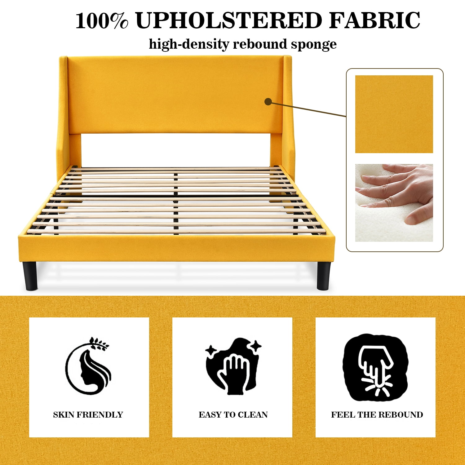 Allewie Queen Size Wingback Headboard Modern Platform Bed, Light Yellow