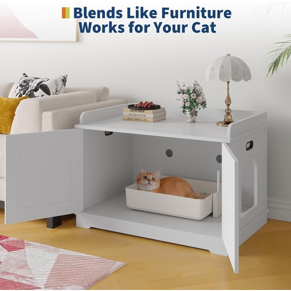 Historyli Cat Litter Box Enclosure-31.5 Inch Wooden Hidden Litter Box Cabinet-Indoor Cat Washroom Furniture with Barn Door,Modern End Table-White