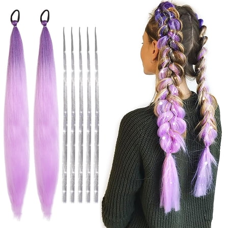 GROBRO7 Purple Dreadlocks Wig Braid with Hair Extension Silver Wire 7Pcs for Women Hair Decoration