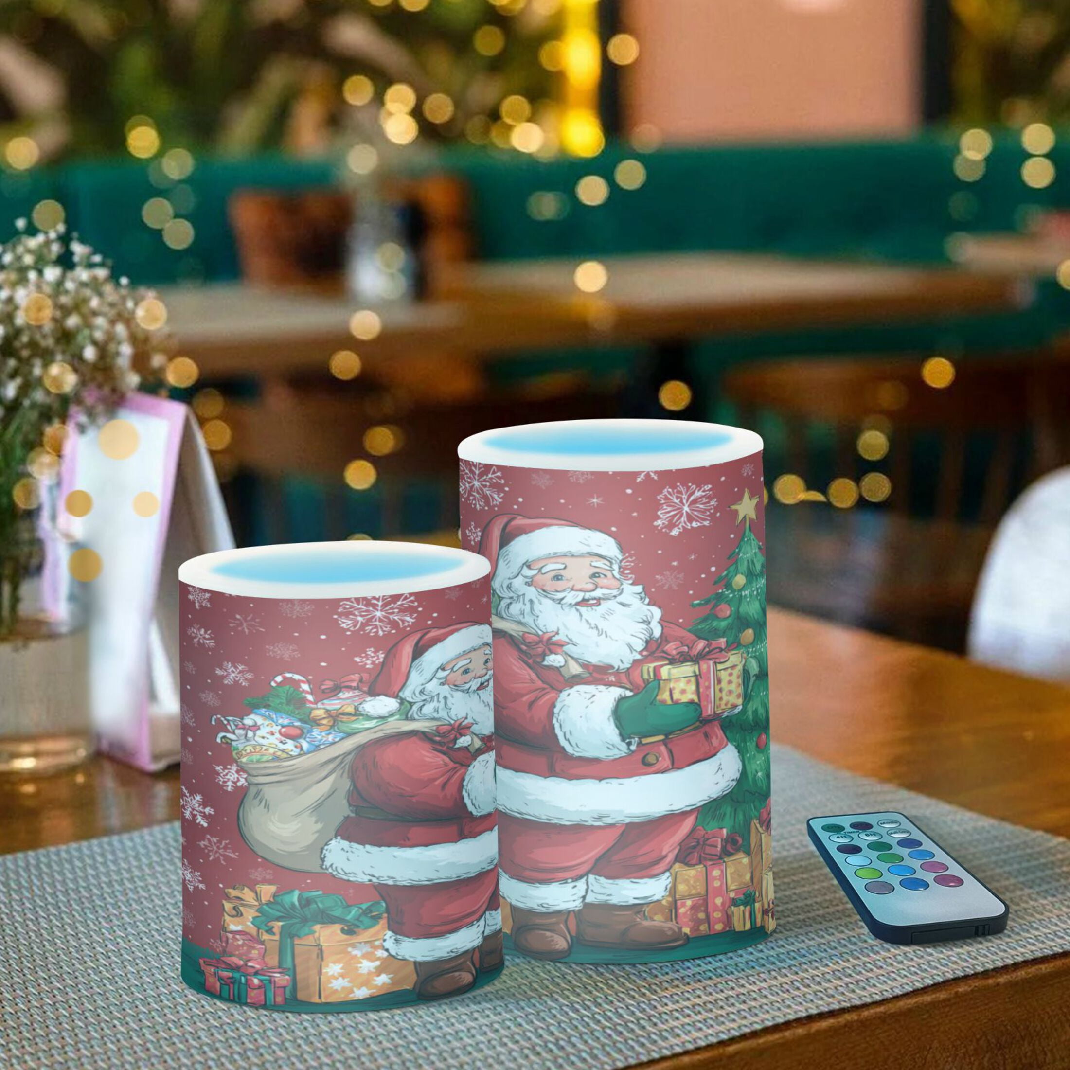 2 PCS LED Flicker Flameless Candle with Remote Control Realistic 3D Wick LED Window Decoration Candle Set for Wedding Table Home Decor Favors Santa Claus and His Presents