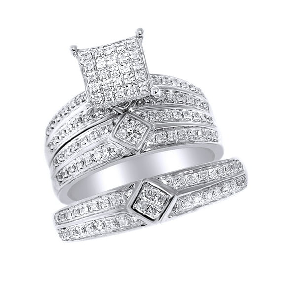 AFFY White Natural Diamond Wedding & Engagement Trio Band Ring Set In 10k White Gold (0.43 Cttw)