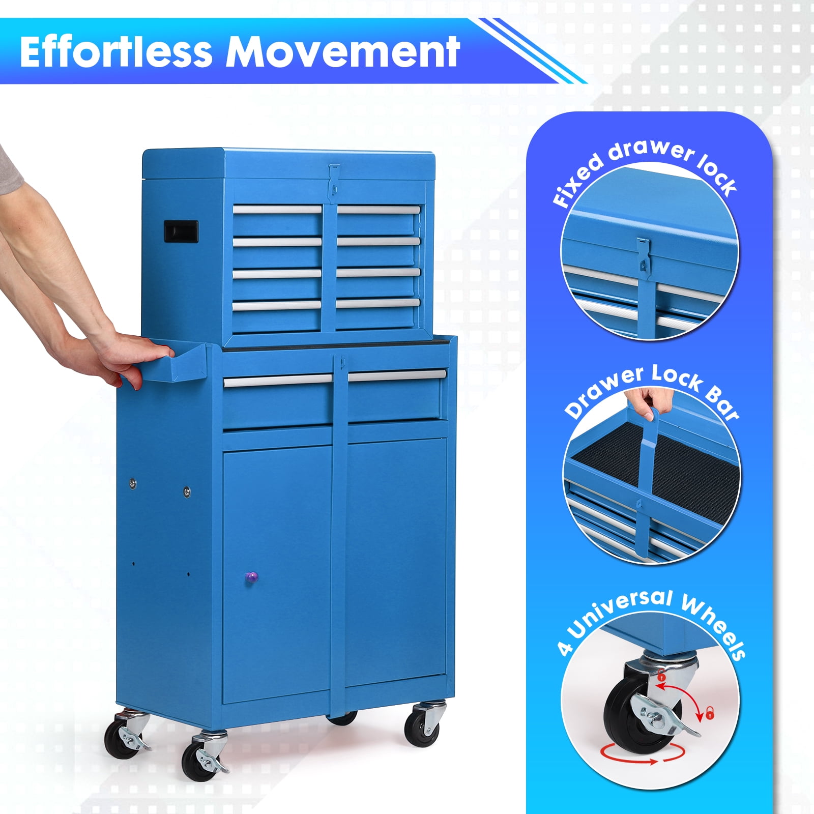 Clickoods 5-Drawer Rolling Tool Chest with Lockable Toolbox, Large Capacity Metal Tool Cabinet with Detachable Top Box, Storage Organizer for Garage & Workshop, Blue