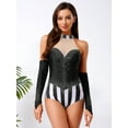 thumbnail image 5 of YiZYiF Womens Rhinestone Striped Circus Gymnastics Leotard with Gloves Halloween Ringmaster Costume Black XL, 5 of 7