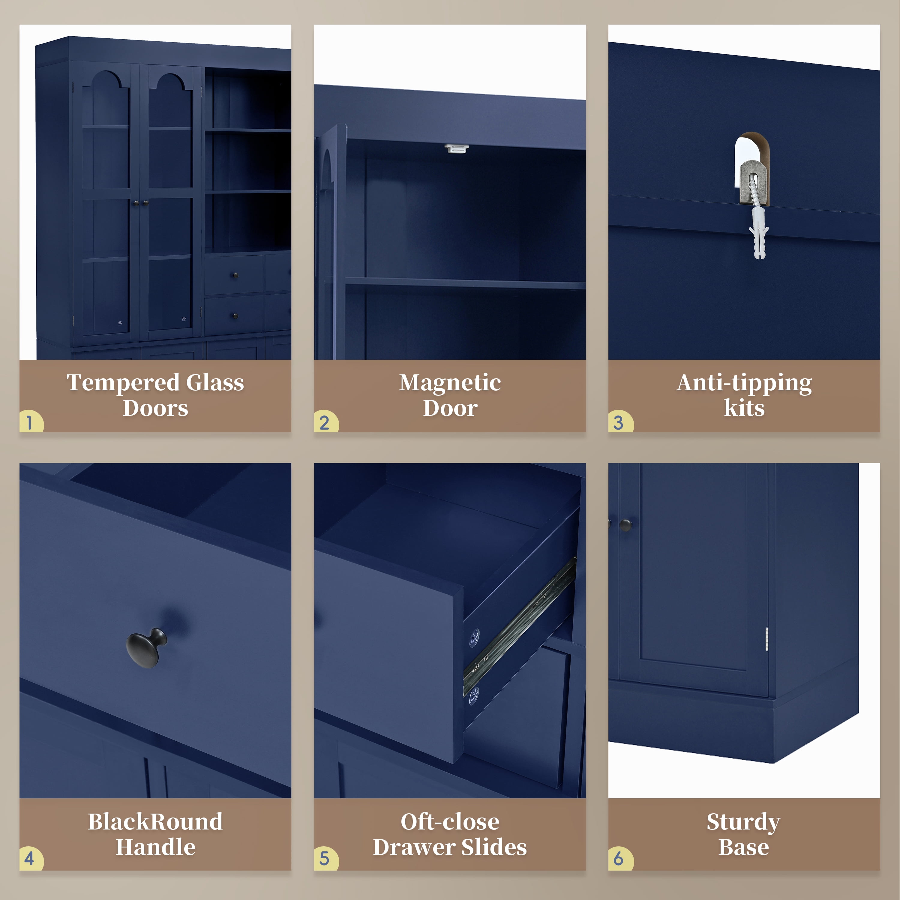 Euroco 47.2x15.7x75inch Freestanding Buffet with Hutch, Tall Kitchen Pantry Cabinet with 4 Drawers, Door Shelves and Pull-out Trays for Dining room, Living Room, Blue
