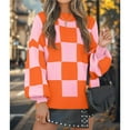 thumbnail image 6 of Women's Fall Fashion Roll-Neck Long Sleeve Plaid Ribbed Knit Loose Pullover Sweater Tops Orange Checkered S, 6 of 9